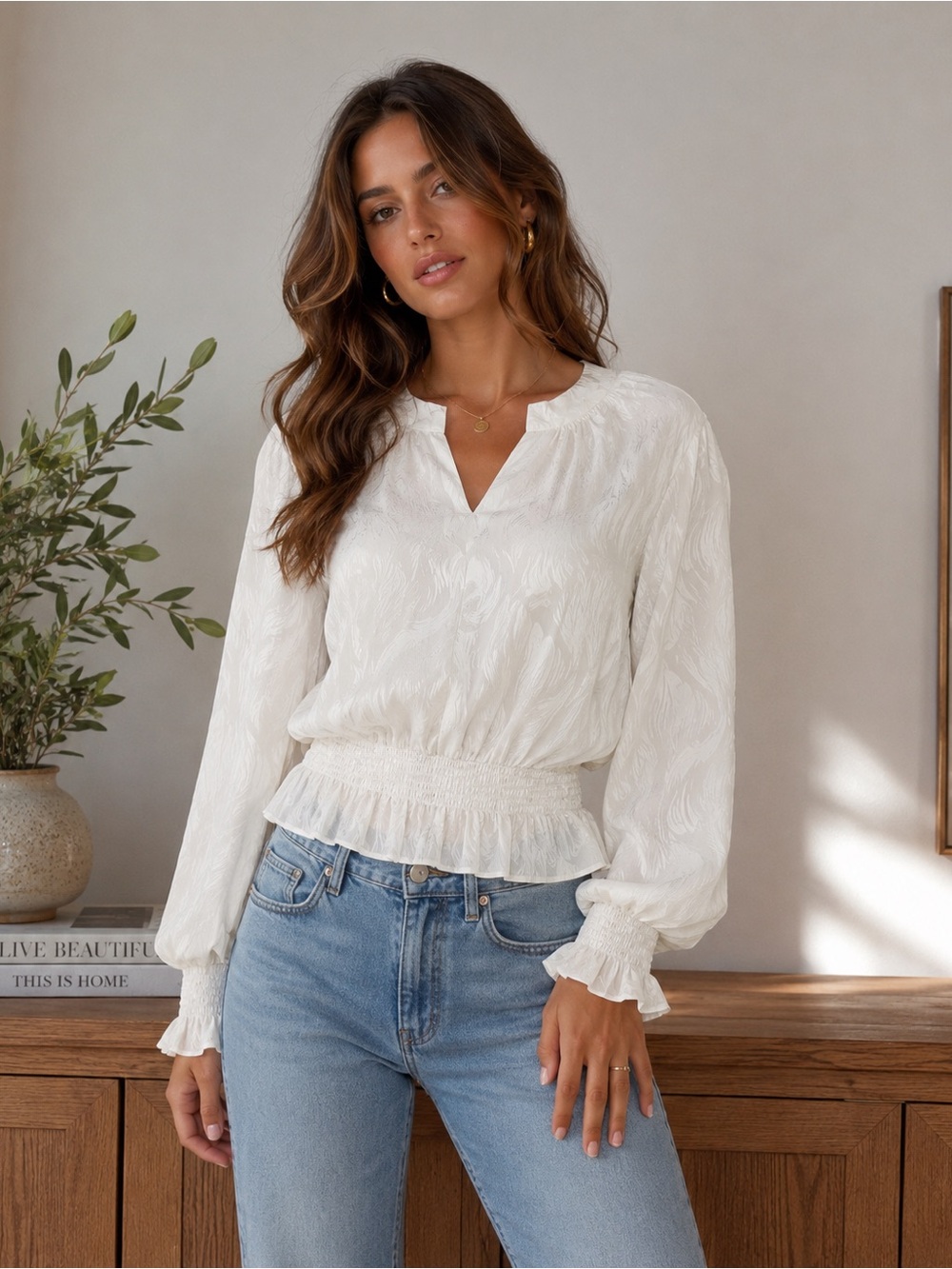 Jon &‎ Anna Contemporary White Jacquard Peplum Blouse Medium